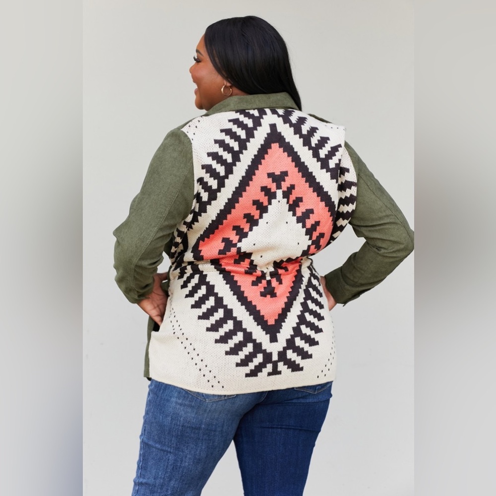 Geometric Drawstring Waist Shacket with Pockets